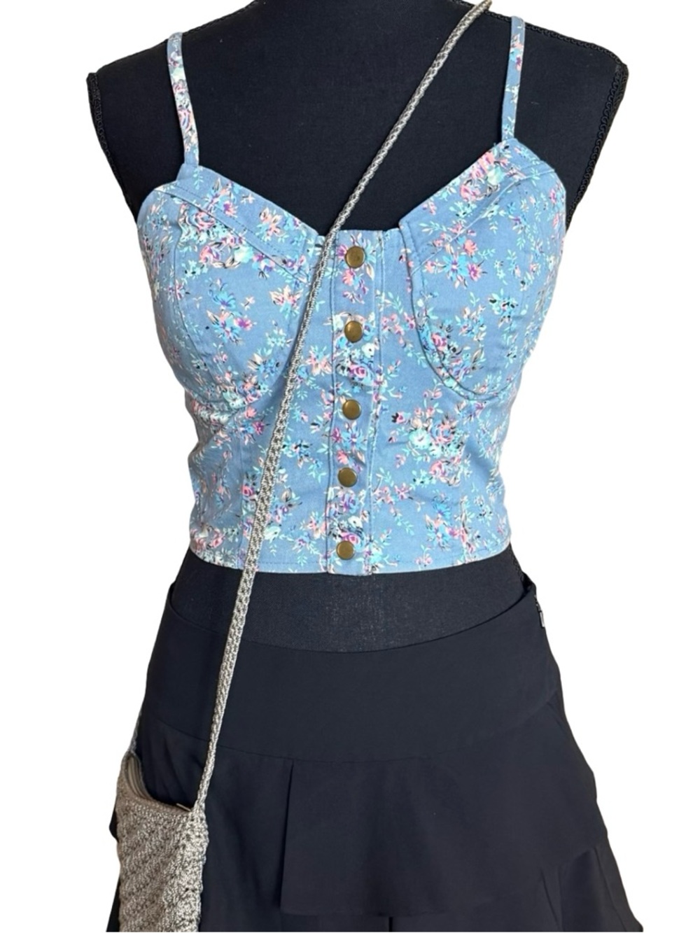 Blue Floral Cotton Spandex Cropped Corset Size Large Made in USA